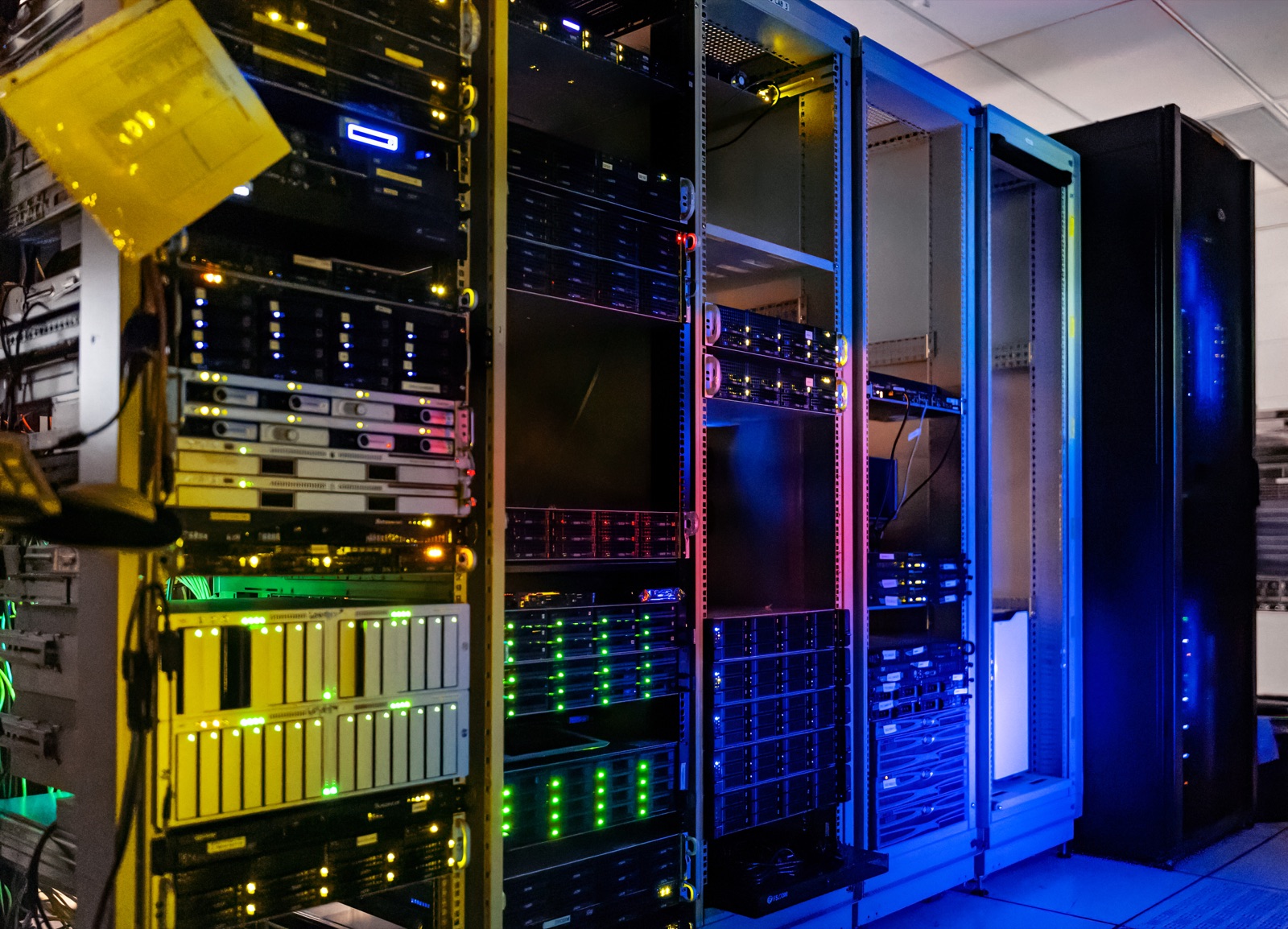 Illuminated server racks at NOIRLab